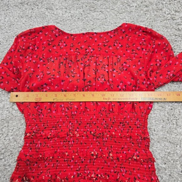 Free People Women Lolita Top Size Small Red Floral Smocked Boho Peasant Crop - Picture 11 of 14